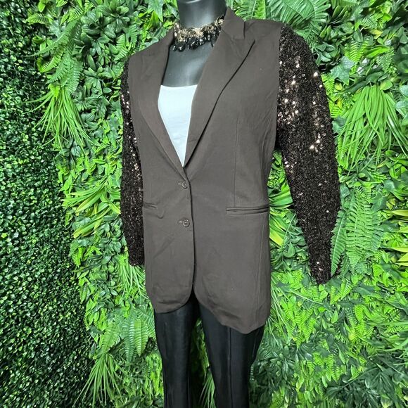Diane Gilman Women Jacket Medium Brown Sequin Sleeve Blazer Relaxed Fit DG2 - Picture 1 of 11